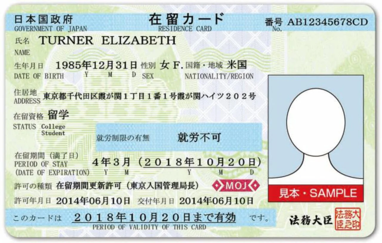 Front and back of a sample Japanese residence card.